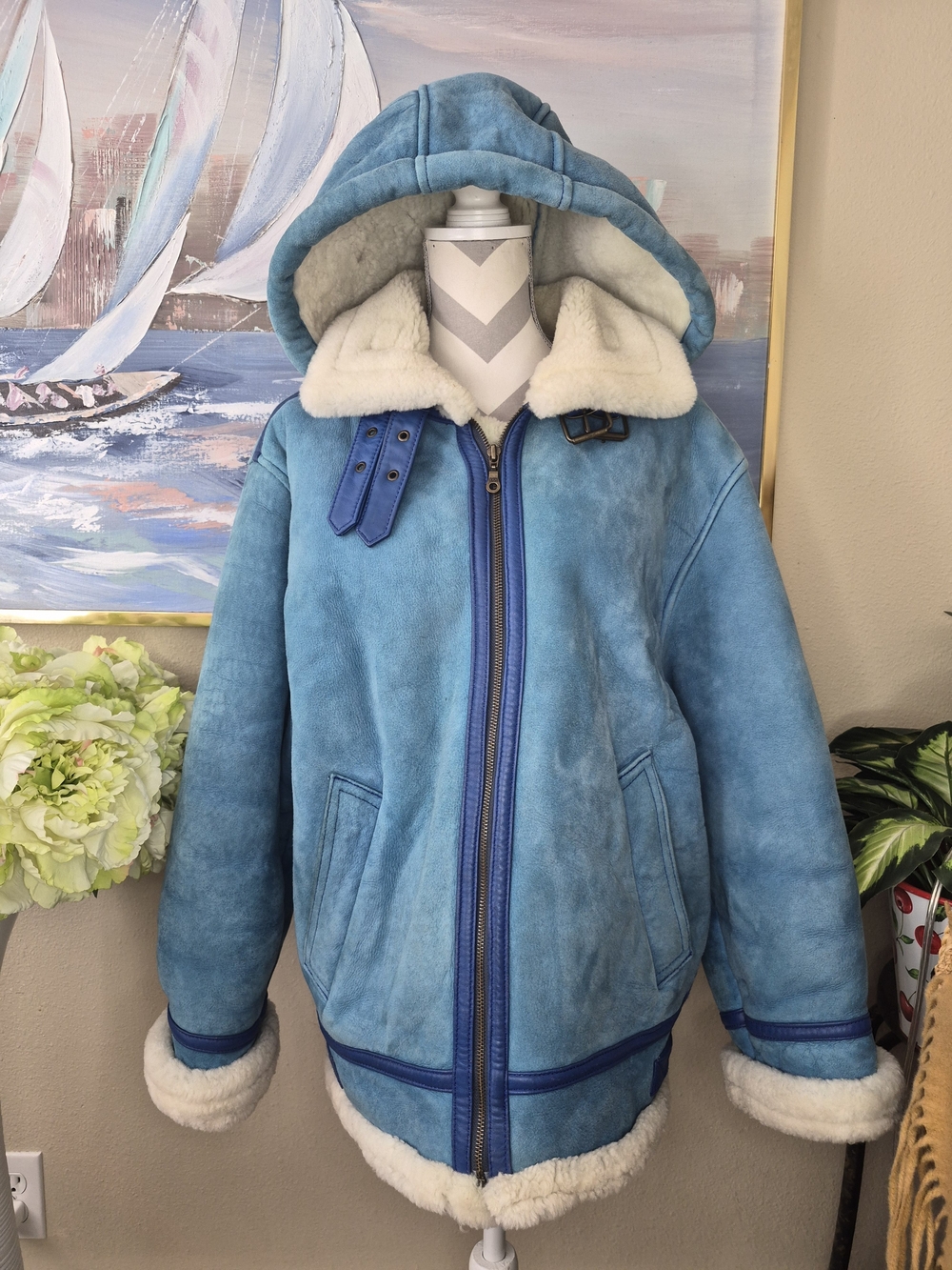 Women's Blue Teddy Hooded Jacket with Shearling Trim